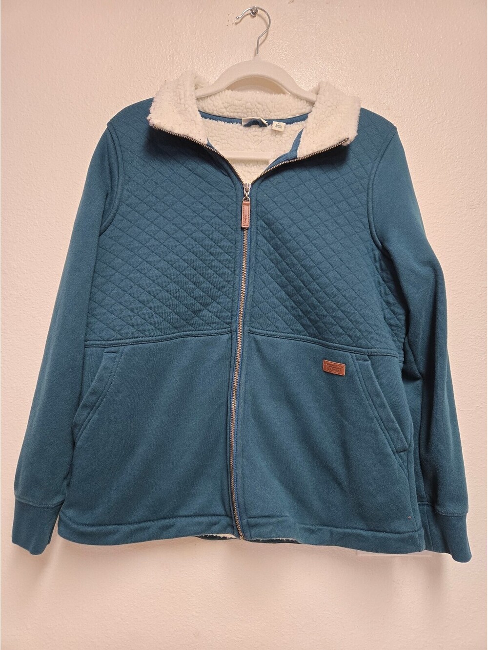 LL Bean Sherpa Lined Jacket Womens Medium Teal Quilted Fleece Zip Pockets Chore